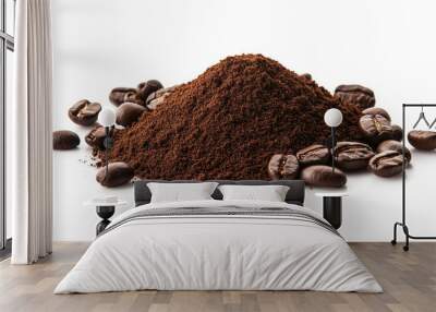 Isolated coffee powder pile with a clipping path and coffee beans on the ground on a white background. Wall mural