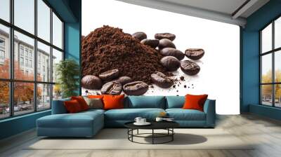 Isolated coffee powder pile with a clipping path and coffee beans on the ground on a white background. Wall mural