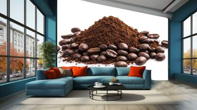 Isolated coffee powder pile with a clipping path and coffee beans on the ground on a white background. Wall mural