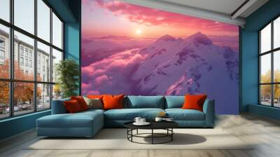 Landscape of a pink and violet sky with sunset clouds, Fantastic orange evening landscape glowing by sunlight. Dramatic wintry scene with snowy trees. Carpathians, Ukraine, Europe, AI Generated  Wall mural