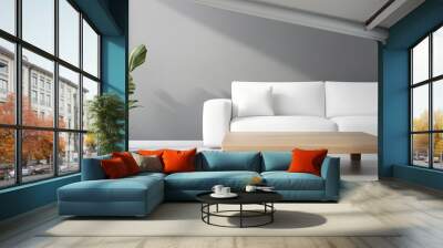 Near a white sofa in a room with a grey wall and an art poster is a wooden square coffee table. Modern living room interior design with a minimalistic elegance. Wall mural