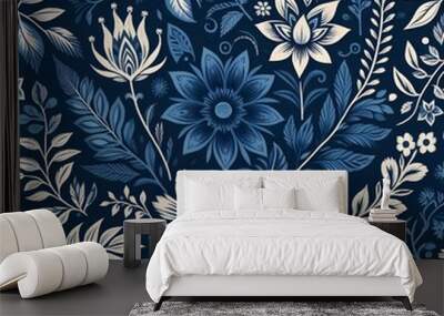 Pattern design of blue and white flowers on a dark background Wall mural