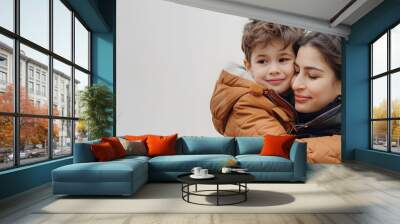 Portrait of  young mother and son against white background, Portrait of a teenage boy and his mother Ai generated  Wall mural