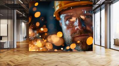 Professional engineer portrait in an industrial background with orange lighting, featuring a male worker donning a hard hat and safety glasses. Wall mural