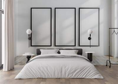 Three empty vertical black frame mock up in a white interior room design with wooden oak floor, 3 empty modern frames for gallery wall mockup, 3d illustration white wall interior Ai Generated  Wall mural