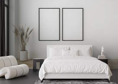 Two empty vertical black frame mock up in a white interior room design with wooden oak floor, 2 empty modern frames for gallery wall mockup, 3d illustration white wall interior render Ai generated  Wall mural