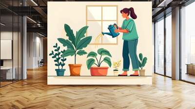 Vector sketch of a girl watering pots Wall mural