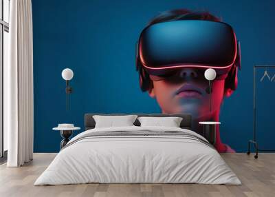 Virtual reality headset being used by a young man isolated against a gray background. Virtual reality education using futuristic gadget technologies Wall mural