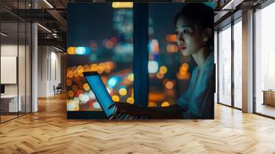 Young busy Asian business woman executive working on laptop making call at night in dark corporate office. Professional businesswoman manager talking to client using computer, city Ai Generated  Wall mural