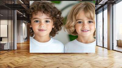 two little boys with curly hair and looking at camera, posing against an indoor background Wall mural