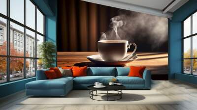 cup of coffee on wooden table generative ai Wall mural