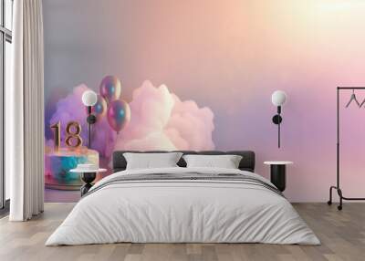 minimalist 18th birthday concept. cake with the number 18 on top surrounded by silver metallic balloons and clouds on simple white gradient background, copy space Wall mural