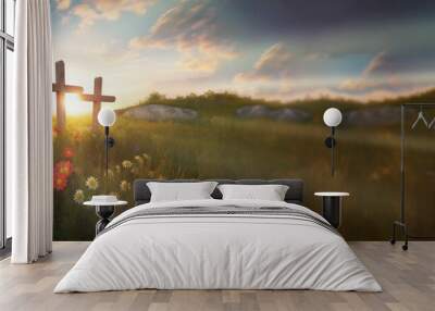 three crosses sit apon a flower covered hill web banner ratio copy space generative ai Wall mural