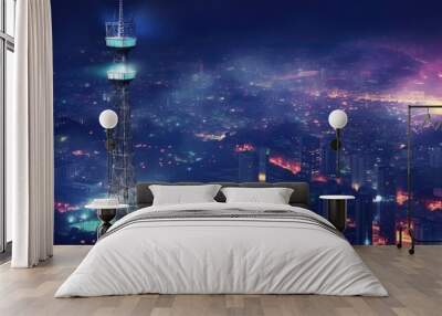 Telecommunication and wireless internet base station antenna tower on night city background Wall mural