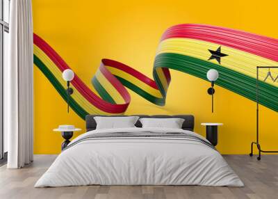 3d Flag Of Ghana 3d Wavy Shiny Ghana Twisted Ribbon Flag Isolated On yellow Background 3d Illustration Wall mural