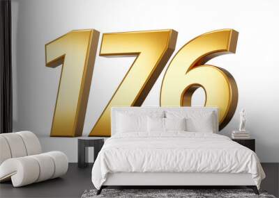 3d number 176 one hundred seventy six Gold text isolated on white background with reflection 3d illustration Wall mural