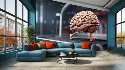 A brain with legs and arms is walking on a treadmill. Wall mural