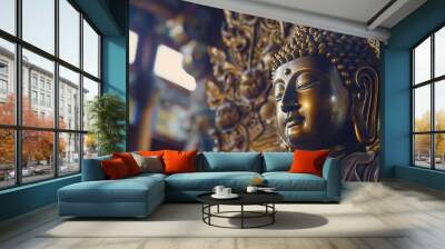 A bronze Buddha statue sits in a garden with a small stone lantern behind it. Wall mural