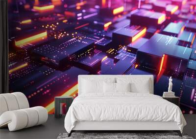 a close-up of a futuristic circuit board with glowing orange lines Wall mural