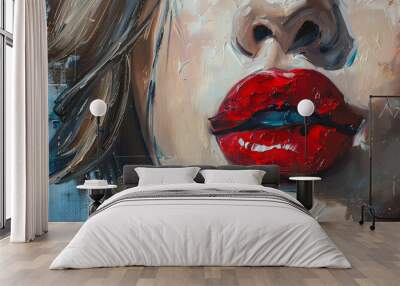 a close-up of a woman's face, with red lips and rain drops on her face. Wall mural