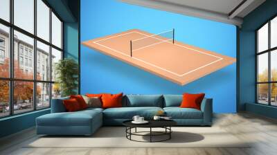 Beach Tennis Court With Sand, Net, And Poles Isolated On Blue Background 3D Illustration Wall mural