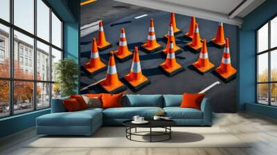 Construction cones marking part of road with a layer of fresh asphalt Wall mural