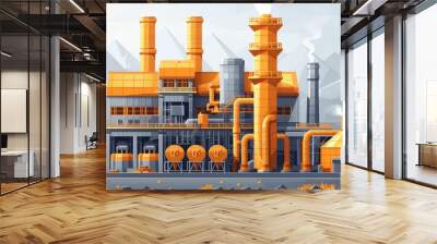 Flat solid color illustration of an amber-colored biomass power plant on a slate gray background converting waste to energy. Wall mural