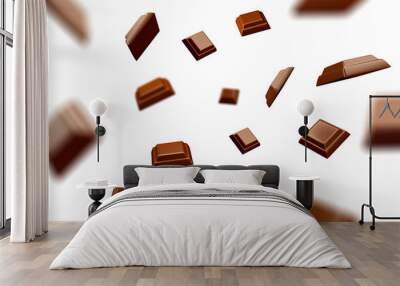 3D rendering of a chocolate bar broken into pieces on a white background Wall mural