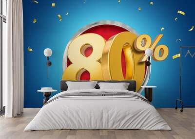 3D golden 80 percent off discount sale symbol with confetti on a blue background Wall mural