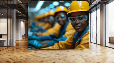 Labor Day tribute featuring black factory workers assembling products on a line, elegant and clean design Wall mural