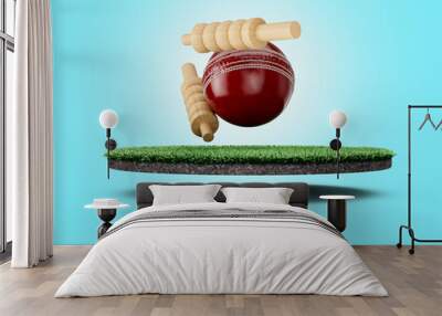 Red Leather Stitched Test Cricket Ball With Two Wicket Bails On Grass Ground Field 3D Illustration Wall mural