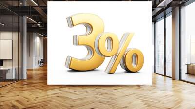 Shiny Golden 3% Three Percent Sign With Sleek Metallic Gleam On White Background 3D Illustration Wall mural