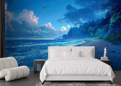 A picturesque beach featuring warm sand, calm ocean waves, and a sunny sky, ideal for a day of leisure and enjoyment. Wall mural