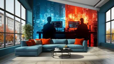 A split image showing two individuals in contrasting environments, one blue and one red. Wall mural