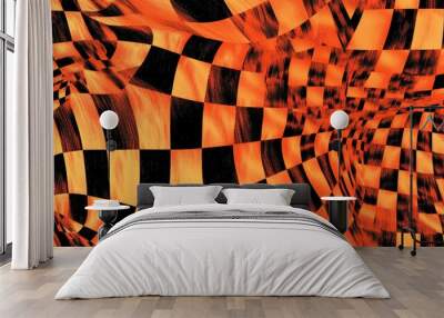 Abstract checkered pattern in orange and black with a wavy texture. Wall mural