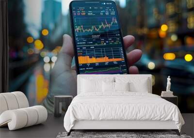 Hand holding a smartphone with stock market data displayed on the screen against a blurry background of city lights. Wall mural