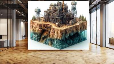 Industrial Complex on a Cliffside Island with Underwater View Wall mural