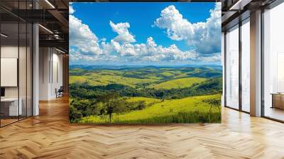 Rolling hills and valleys under a blue sky with puffy white clouds. Wall mural