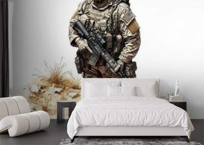 Soldier in Camouflage Uniform Holding Rifle in Desert Terrain Wall mural