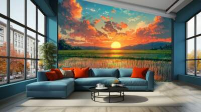 Sunset Over a Field of Green Grass and a Calm River Wall mural