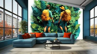 Two Hikers with Backpacks Amidst Lush Tropical Foliage Wall mural