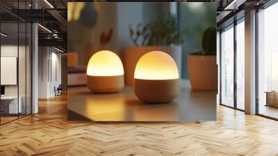 Two wooden and white egg-shaped lamps with warm light on a wooden table in front of window. Wall mural