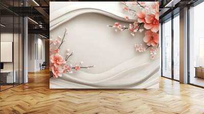 White background with two pink cherry blossom branches on opposite sides of the image, with white wavy lines in the background. Wall mural