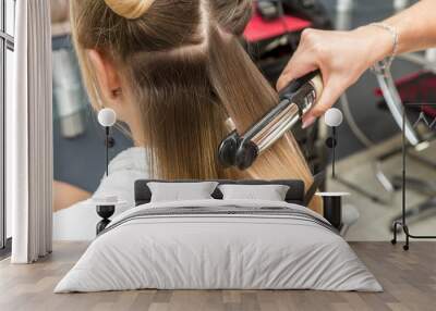 Close-up of a hairdresser straightening long brown hair with hair irons. Wall mural