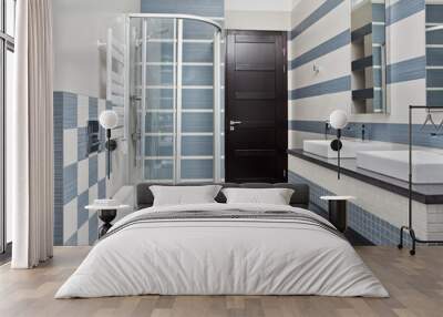 Modern bathroom in blue and gray tones with shower cubicle Wall mural