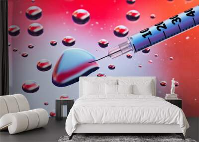 Syringe needle with fluid drops on droplets water background, ma Wall mural