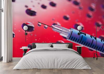 Syringe needle with fluid drops on droplets water background, ma Wall mural