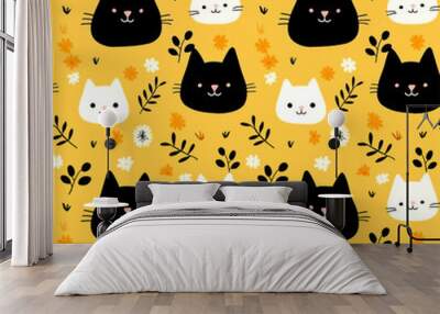 cute cat and flower seamless pattern Wall mural