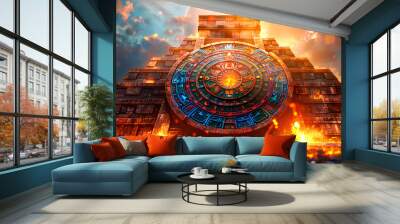 ancient ornament aztech geometric symbol, mayan calendar background Wall mural