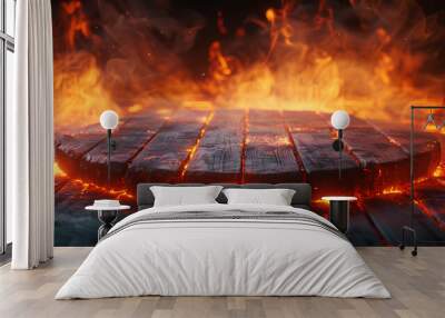 empty podium stage on the wooden table with flames background Wall mural